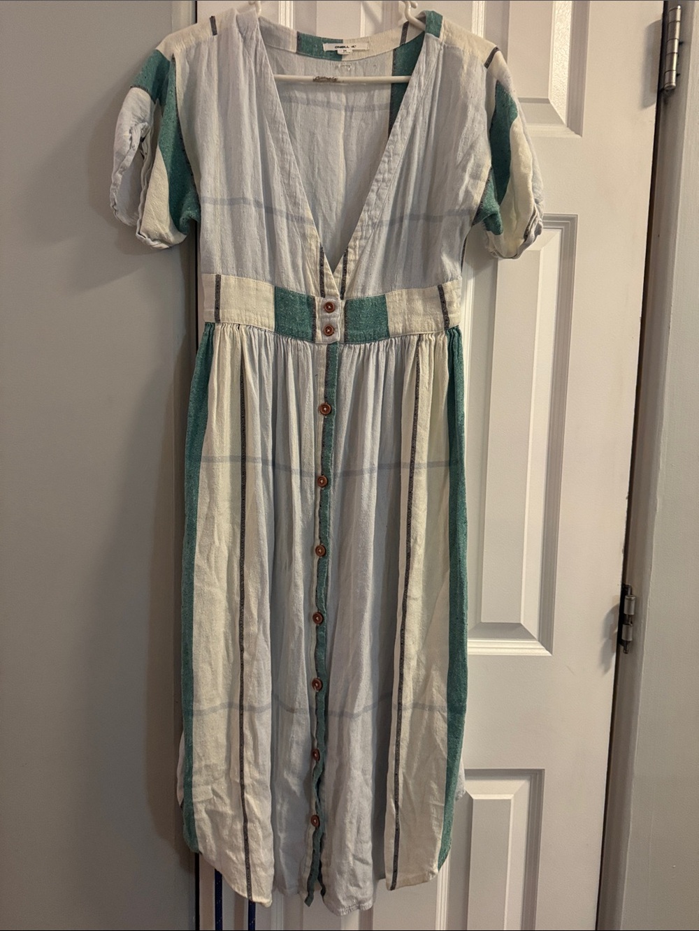 O'Neill White and Teal Button-Front Casual Midi Dress